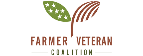 Logo of the Farmer Veteran Coalition featuring stylized leaves with American flag elements, symbolizing support for veterans in agriculture.
