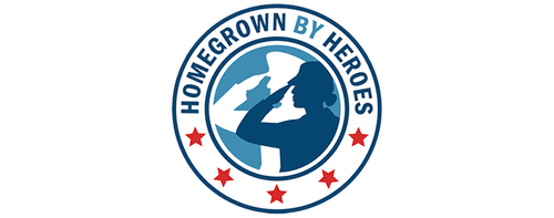 Logo of "Homegrown by Heroes," featuring a silhouette of a soldier saluting, surrounded by a circular blue border with red stars and the text "HOMEGROWN BY HEROES." The design symbolizes support for veteran-owned businesses.