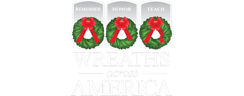 Logo of Wreaths Across America featuring three holiday wreaths adorned with red bows, accompanied by the words "Remember," "Honor," and "Teach," representing the organization's mission to honor veterans and educate the public.