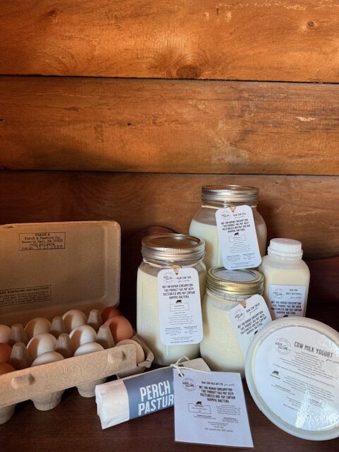 Farm-fresh eggs in a carton next to bottles of raw milk from Perch & Pasture Co, showcasing a variety of egg colors and the company branding.